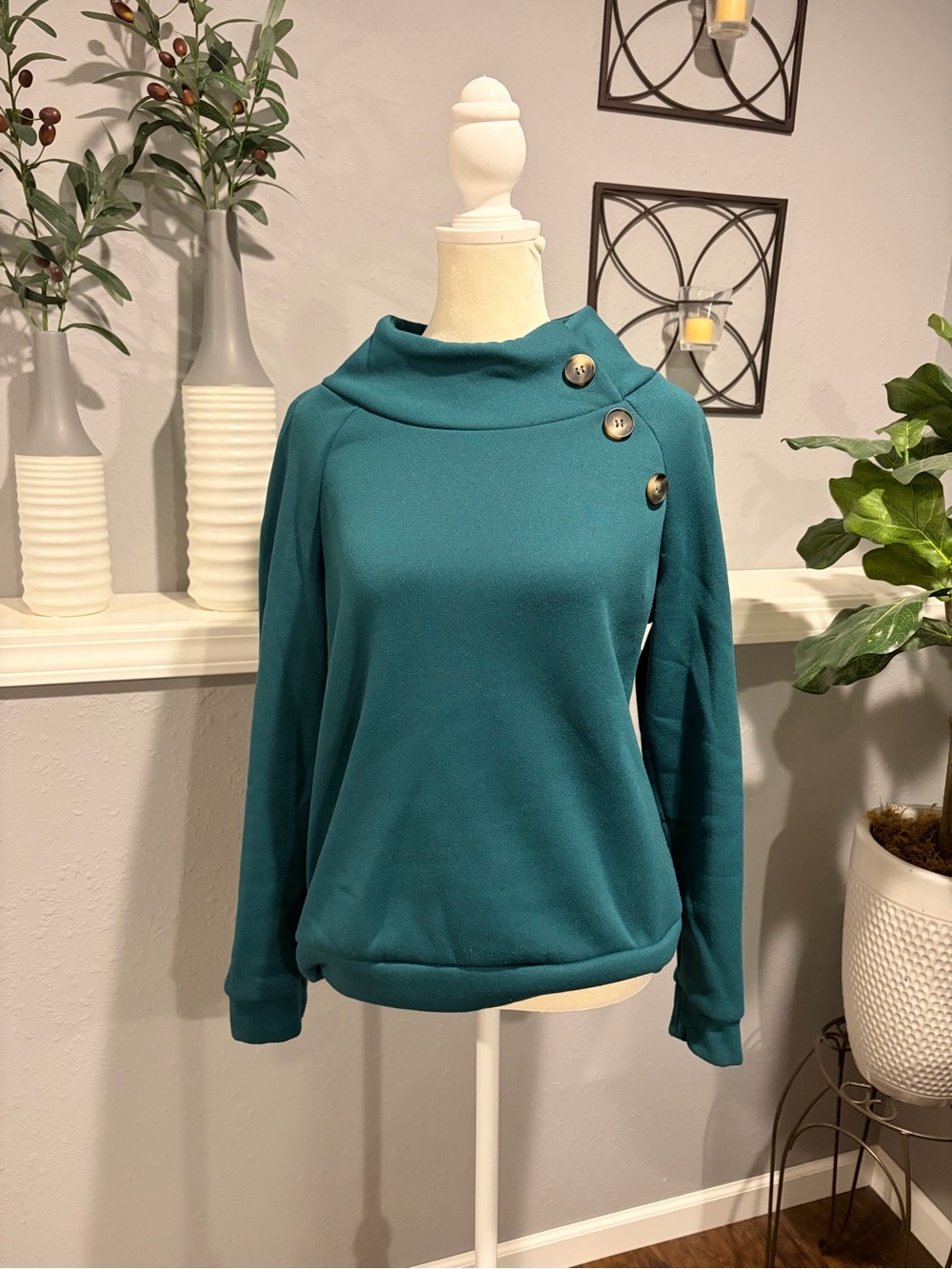 SHEIN Teal Asymmetric Button Pullover